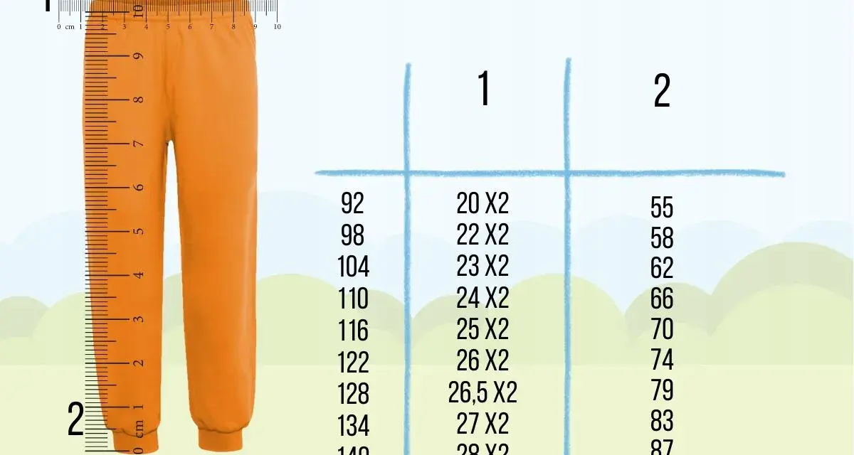 Pomarańczowe spodnie obok miarki. Tabela rozmiarów: rozmiar 110 jaki wiek? Sprawdź wymiary dla dziecka.