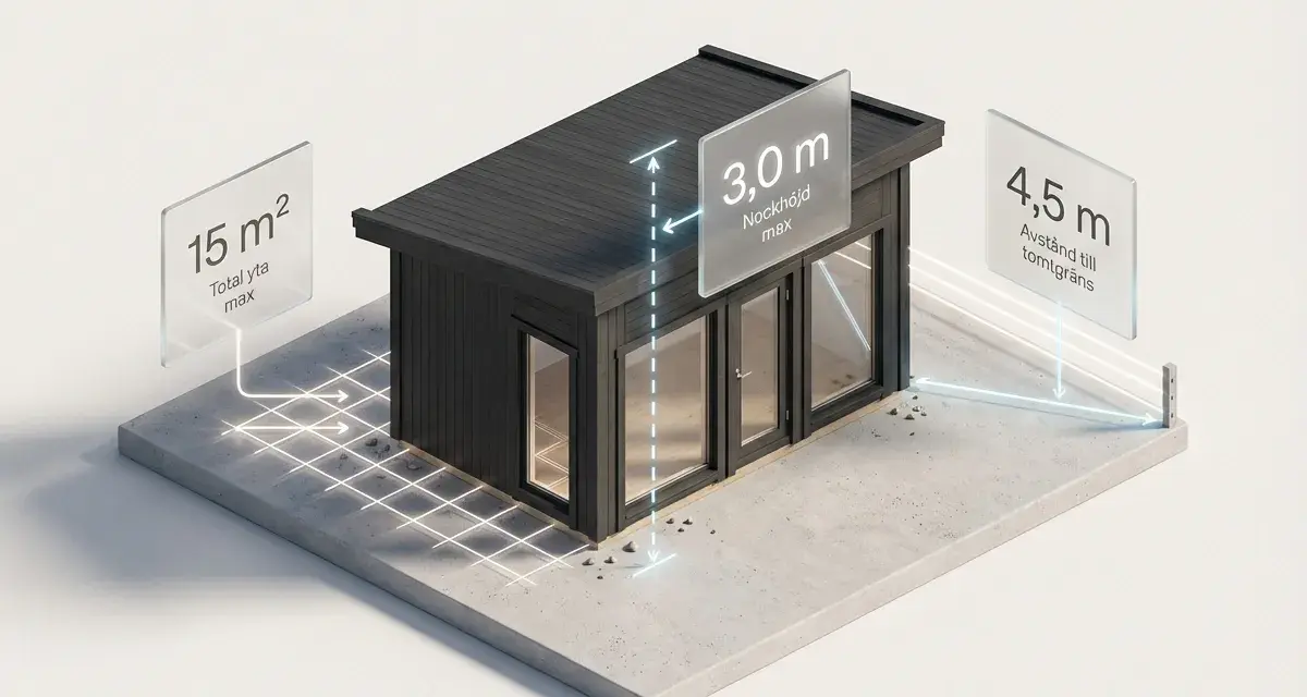 En illustration som visar en friggebod med mått för att bygga redskapsbod: max 15 m² total yta, 3 m nockhöjd och 4,5 m avstånd till tomtgräns.