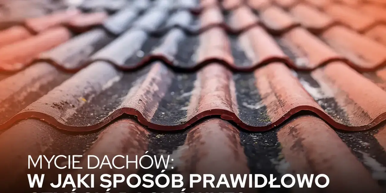 Zbliżenie na dachówki po myciu. Tekst: "Mycie dachów: W jaki sposób prawidłowo czyścić dachówkę?".