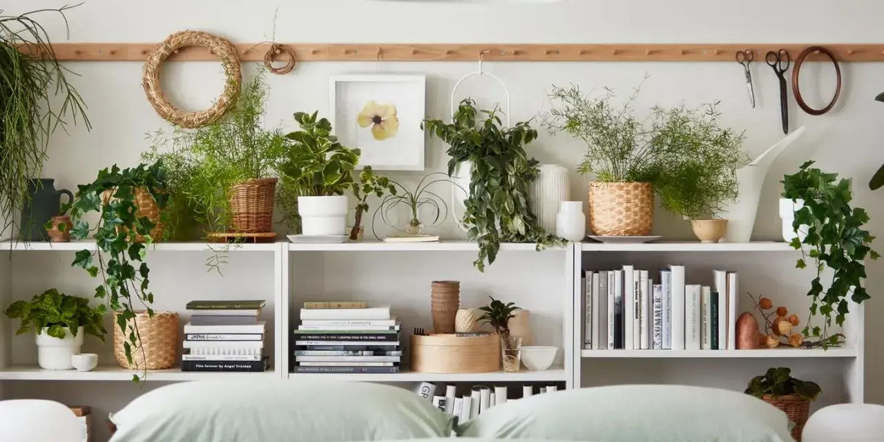 Grüne Pflanzen im Schlafzimmer schaffen eine beruhigende Atmosphäre. Auf weißen Regalen stehen diverse Pflanzen in Körben und Töpfen, daneben Bücher und Deko.