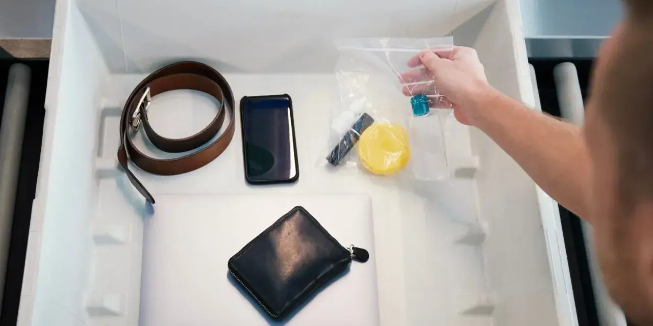 Przedmioty do kontroli bezpieczeństwa na lotnisku: pasek, telefon, portfel, laptop i kosmetyki w woreczku.