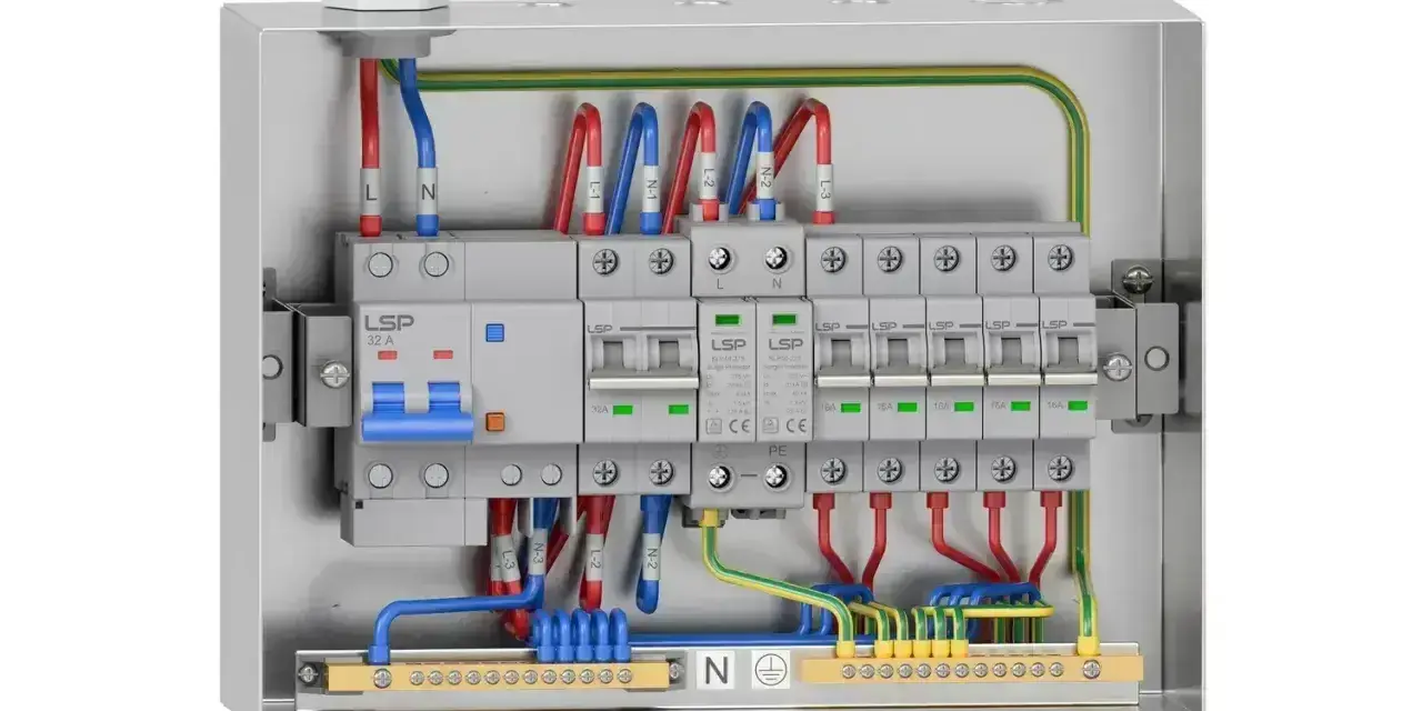 Wnętrze metalowej skrzynki elektrycznej z wyłącznikami i przewodami. Widoczny kontakt natynkowy z bezpiecznikami i listwą zaciskową.