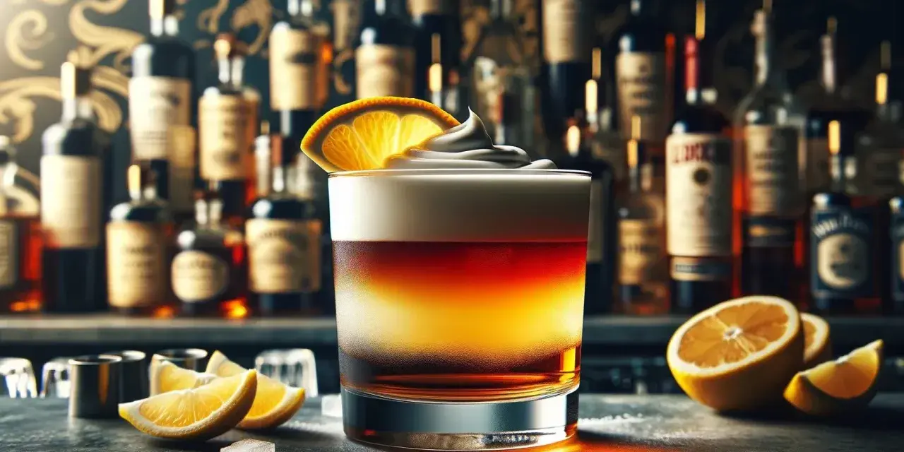 Elegancki drink New York Sour z pianką i plasterkiem pomarańczy, na tle półki z butelkami alkoholu.