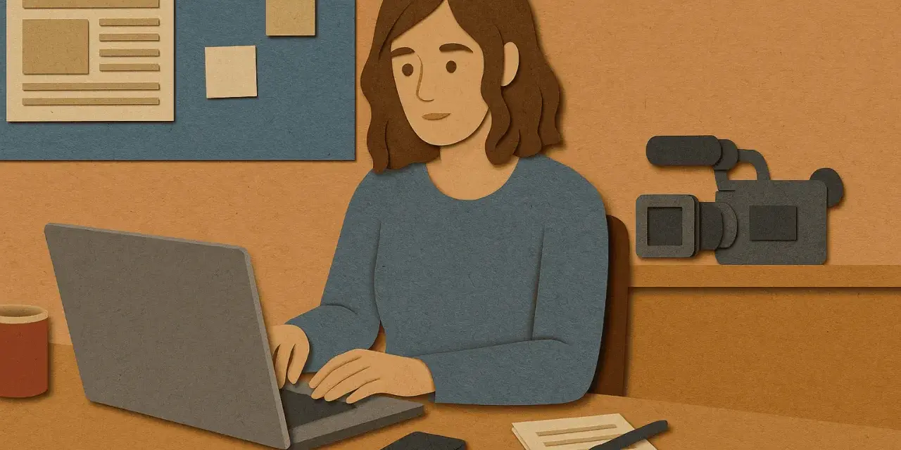 Donna al lavoro giornalista, digita al laptop, con videocamera e fogli appunti.