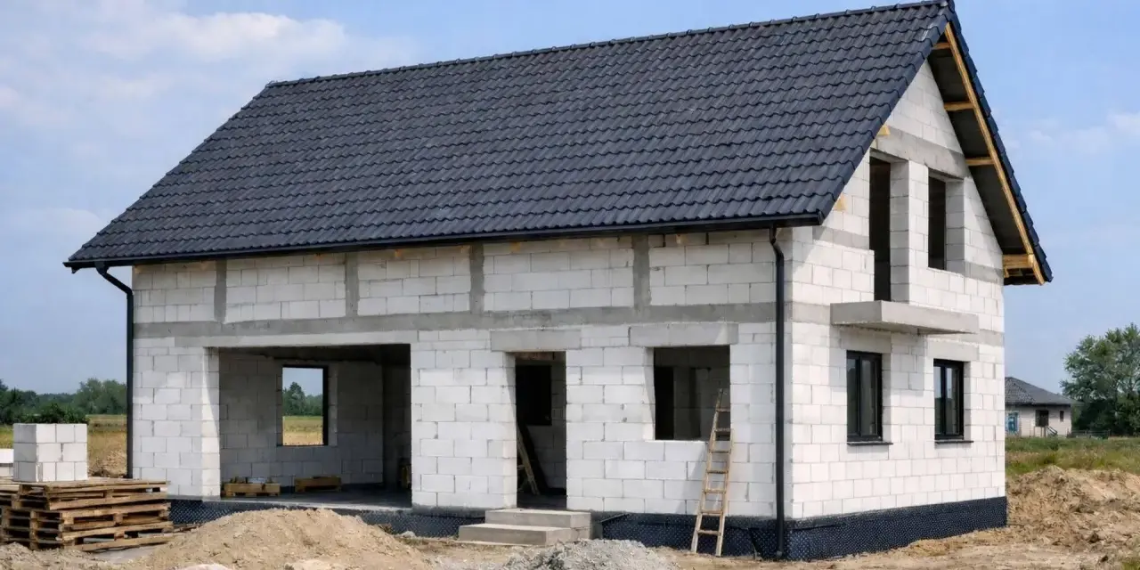 Budowa domu ze styropianu w stanie surowym. Białe bloczki, szary dach, okna i drzwi czekają na wykończenie.