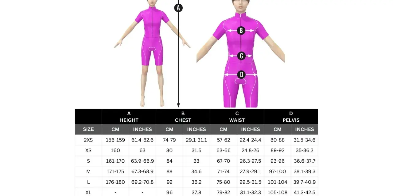 Guida alle taglie per abbigliamento sportivo: scegli la tua vestibilità regolare consultando le misure di altezza, petto, vita e bacino.