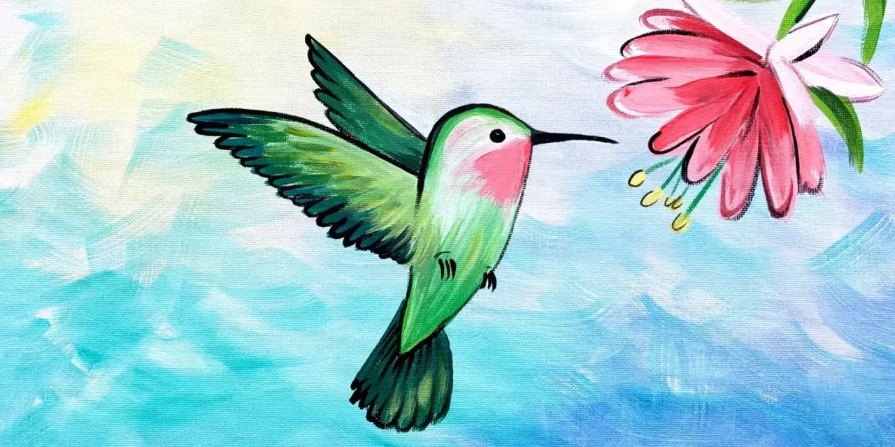 Peinture acrylique d'un colibri vert et rose s'approchant d'une fleur rose. Idéal pour apprendre comment faire de la peinture acrylique.