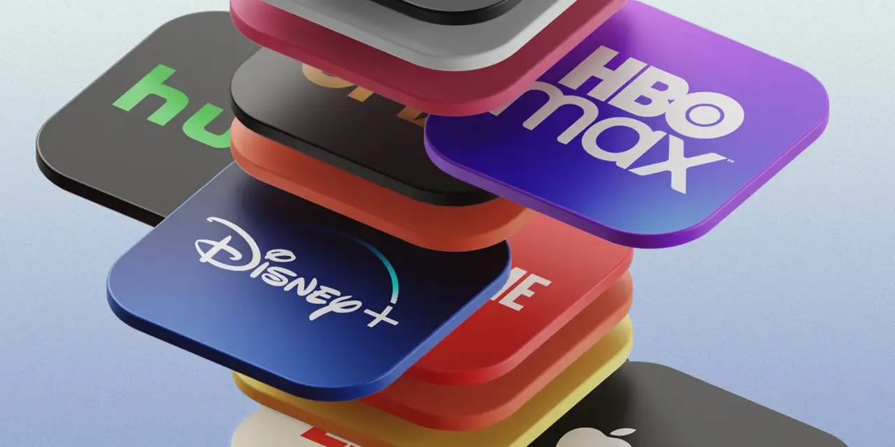 Stos ikon popularnych platform streamingowych: Disney+, HBO Max, Hulu, Apple TV+ i inne.
