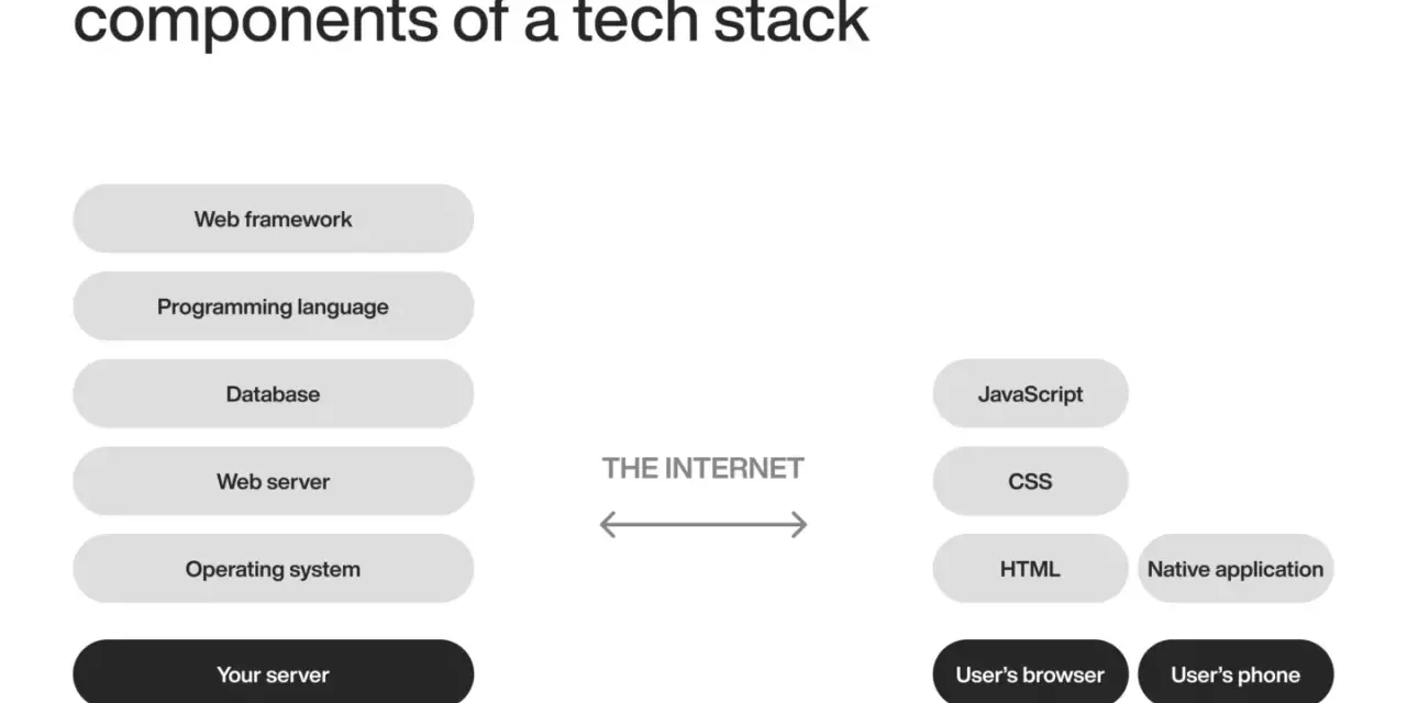 Server- und Client-seitige Komponenten einer Web-Applikation: Web-Framework, Programmiersprache, Datenbank, Webserver, Betriebssystem auf der Serverseite; JavaScript, CSS, HTML, native App auf der Clientseite.