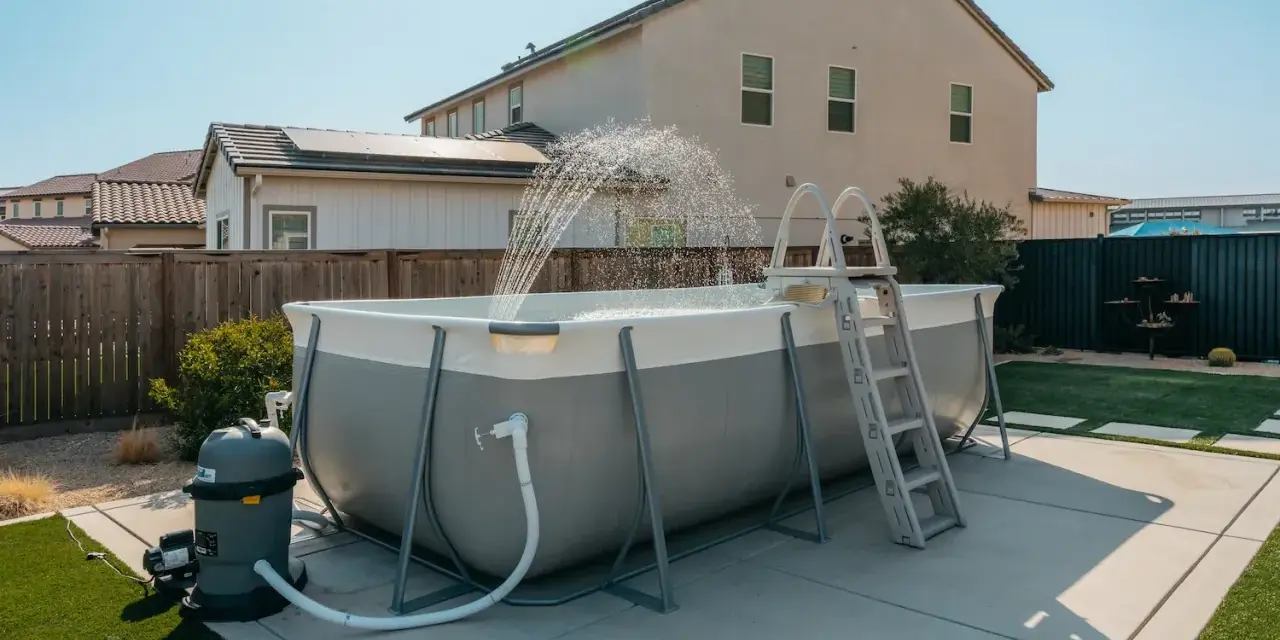 Above ground pool installation in progress, with water spraying from the filter system. A ladder is attached, ready for summer fun.