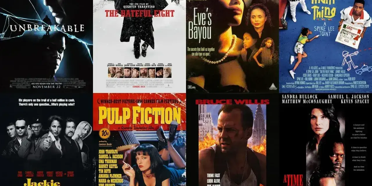 Kolaż plakatów filmowych z Samuel L. Jacksonem: "Unbreakable", "The Hateful Eight", "Eve's Bayou", "Do the Right Thing", "Jackie Brown", "Pulp Fiction", "Die Hard with a Vengeance", "A Time to Kill".