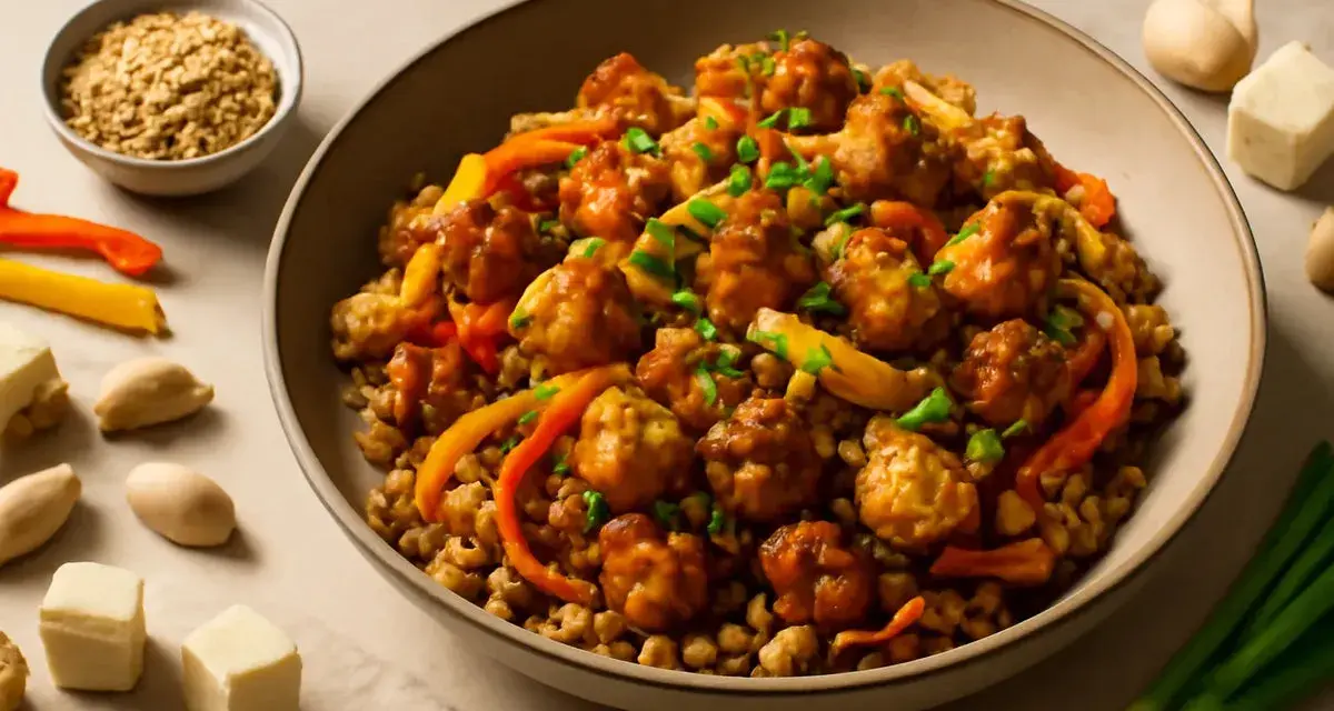 Miseczka z daniem z kuleczek w sosie, warzywami i kaszą. Czy tofu ma gluten? Nie, czyste tofu jest bezglutenowe.
