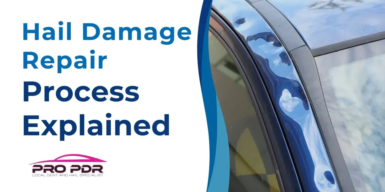 Close-up of a blue car with significant hail damage on the roofline, showing multiple dents. Text reads "Hail Damage Repair Process Explained.