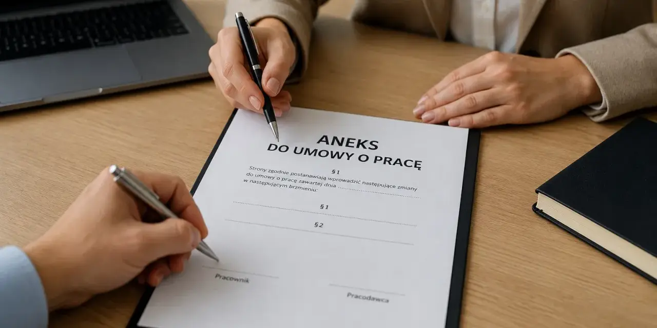 Podpisanie aneksu do umowy o pracę. Dwie osoby przy biurku z dokumentem i długopisami.
