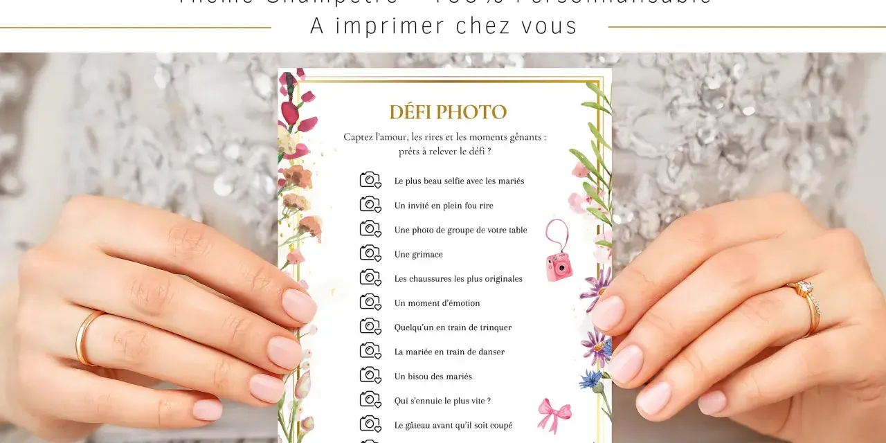 Jeu de défi photo pour un mariage champêtre. Capturez les moments clés avec cette liste de défis amusants.