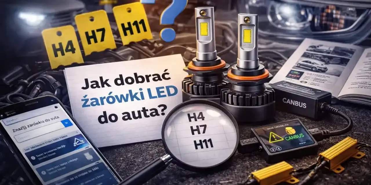Jak dobrać żarówki LED do auta? Na zdjęciu widać modele H4, H7, H11, telefon z aplikacją i instrukcję.