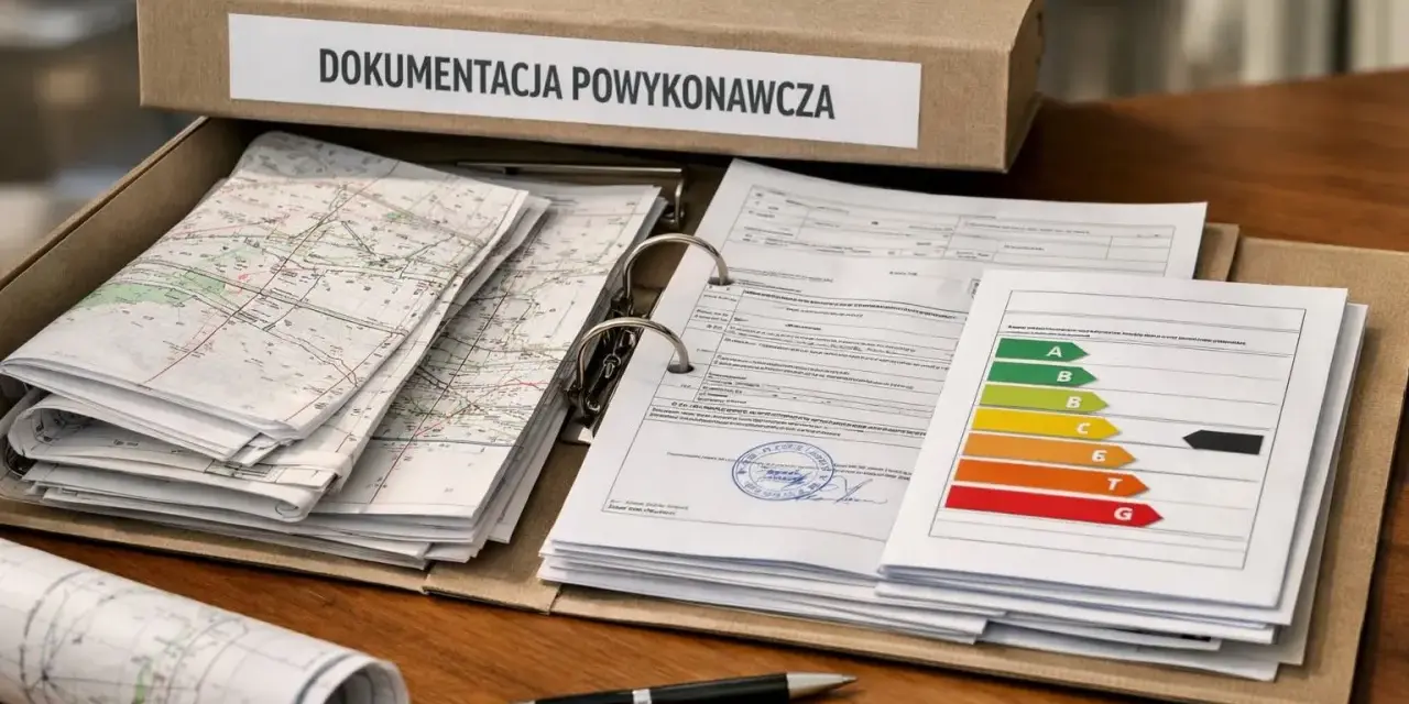 Teczka z napisem "Dokumentacja powykonawcza" zawiera mapy, dokumenty i wykres klasyfikacji energetycznej.