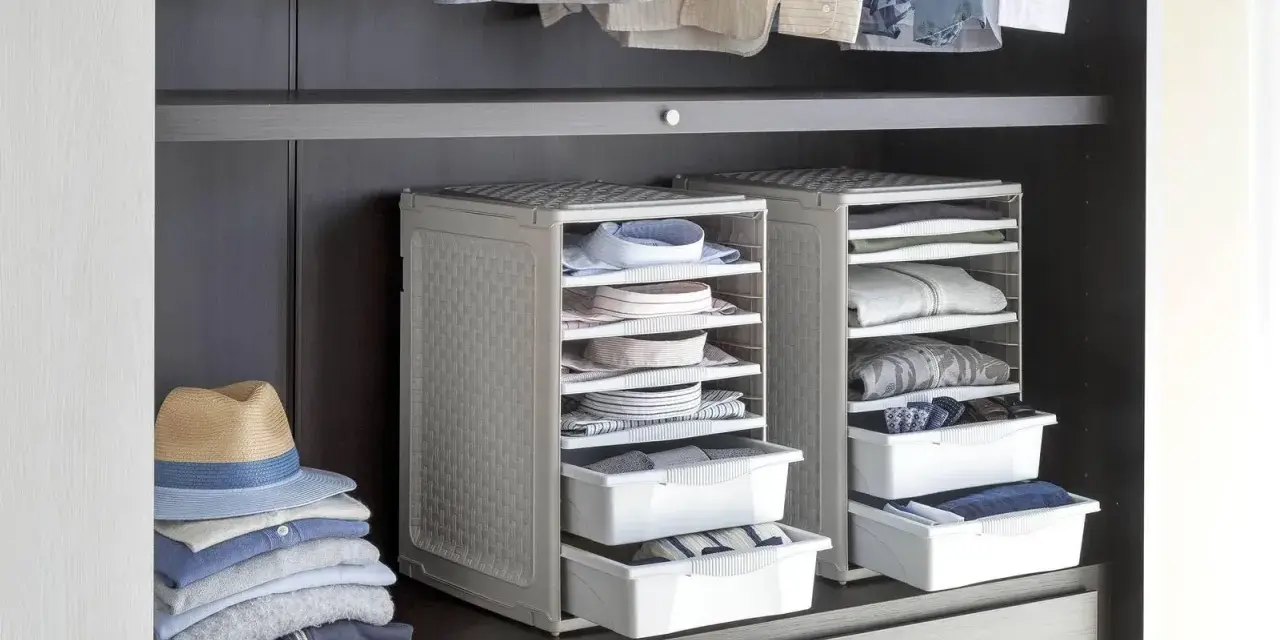 Organizzazione armadio: camicie piegate in contenitori modulari, pile di vestiti e un cappello su una mensola.