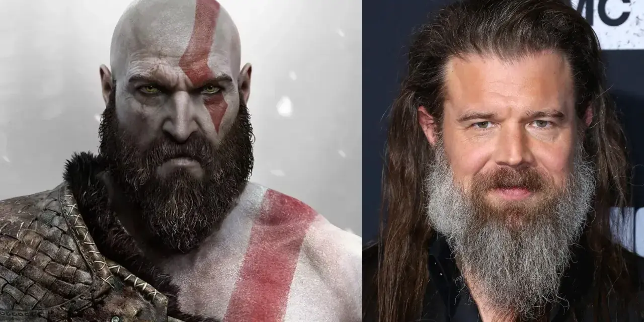 Kratos, bóg wojny, obok aktora przypominającego go wyglądem.