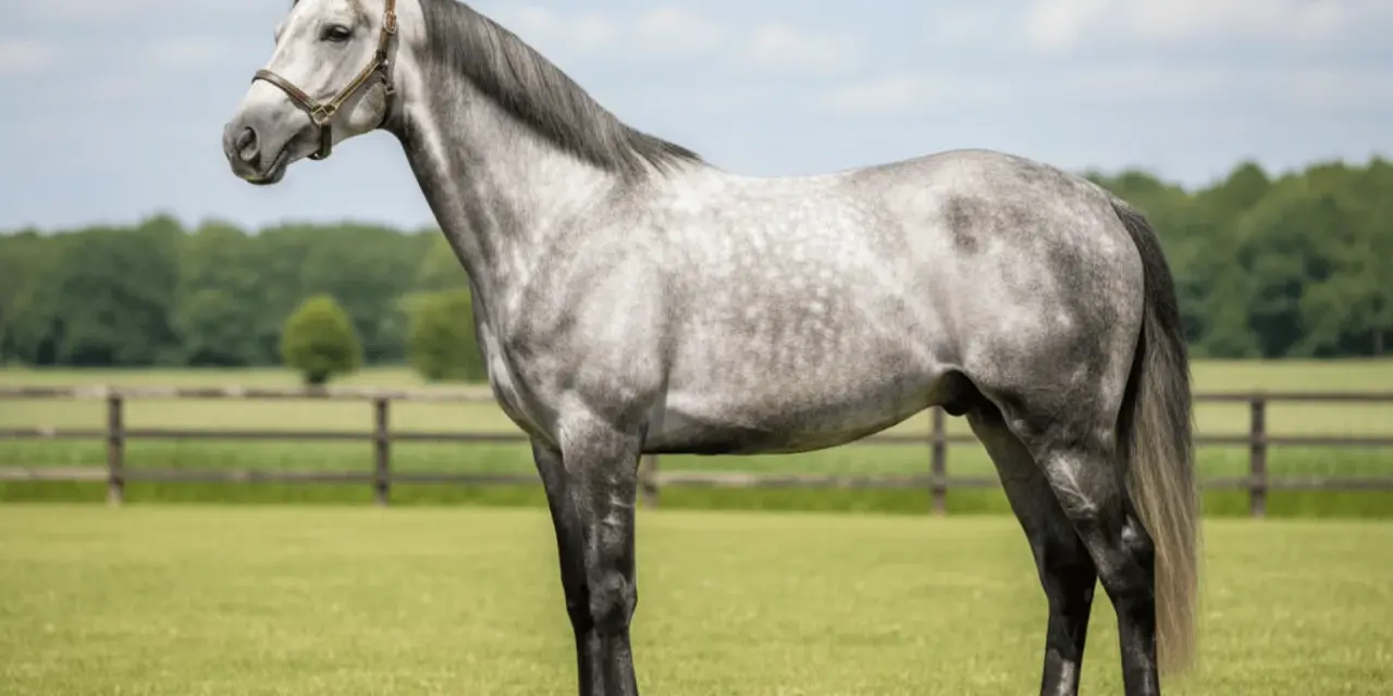 Magnifique cheval anglo arabe gris pommelé, debout dans un pré verdoyant sous un ciel bleu parsemé de nuages.
