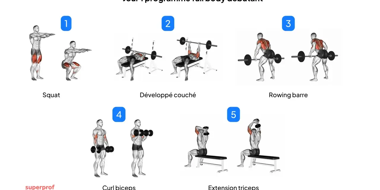 Programme de remise en forme pour débutants : squat, développé couché, rowing barre, curl biceps, extension triceps.