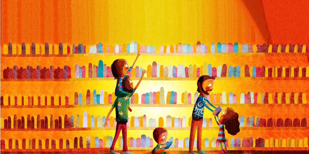Una familia elige libros en una estantería colorida. ¡Hay tanto que leer!