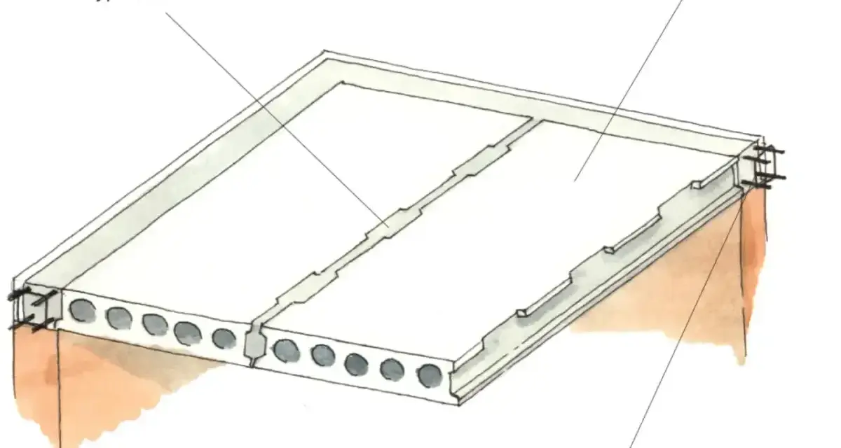 Ilustracja przedstawia przekrój stropu żelbetowego z prefabrykowanych płyt betonowych.