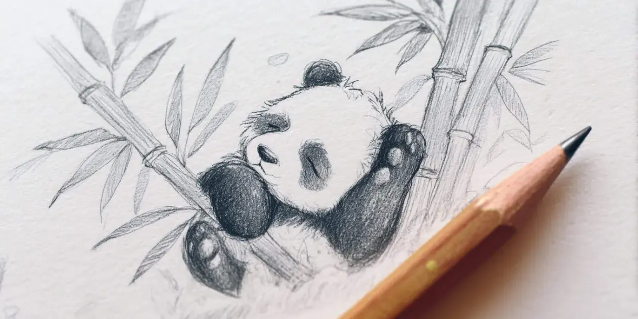 En söt panda sover bland bambu. Enkla bilder att rita som denna inspirerar till kreativitet.