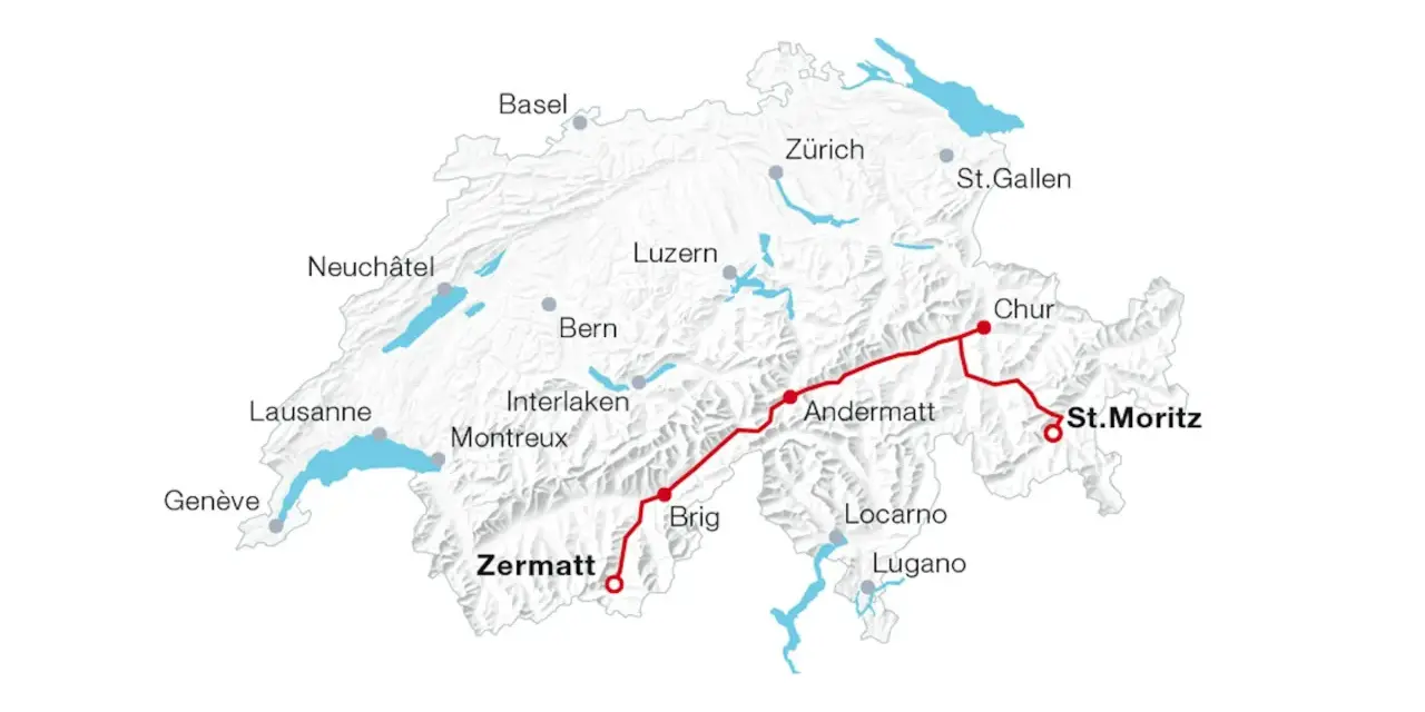 Map of Switzerland showing a red train route from Zermatt to Chur, passing through Brig, Andermatt, and St. Moritz.