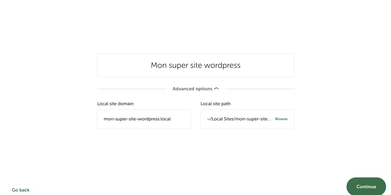 Configuration pour installer WordPress manuellement : nom du site "Mon super site wordpress", domaine local et chemin d'accès.