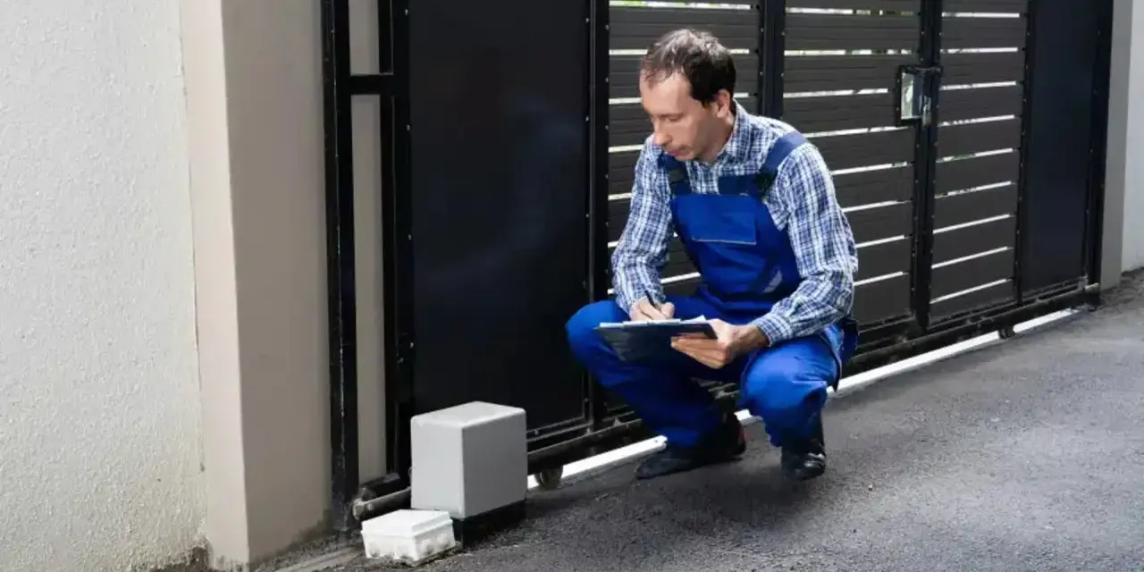 Technicien vérifiant le passage de gaine pour portail coulissant. Il note des informations sur un bloc-notes.
