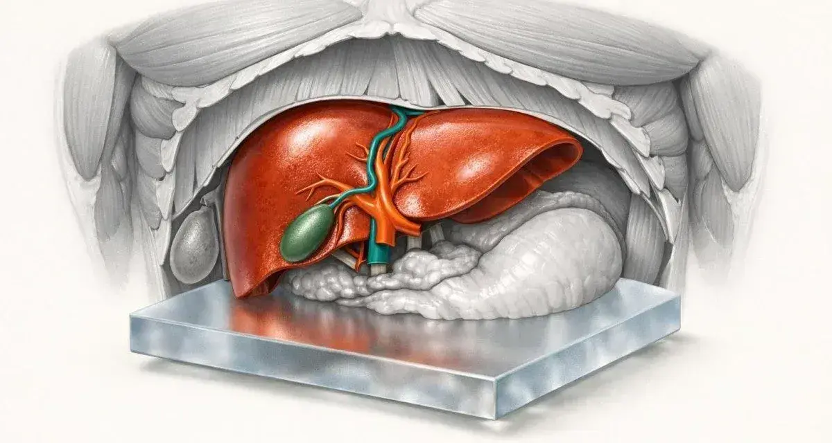 Anatomical illustration of a healthy liver, gallbladder, pancreas, and diaphragm. This ast norma shows the organs in their typical position.