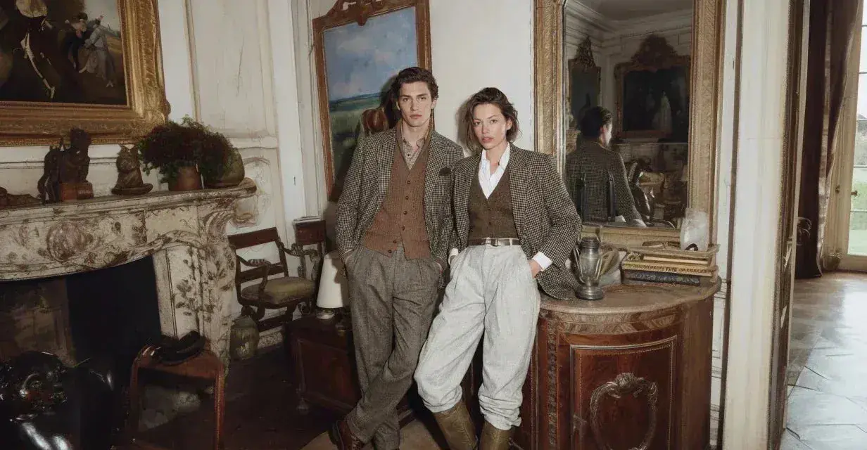 Un couple élégant dans un salon cossu, évoquant un style "old money" intemporel.