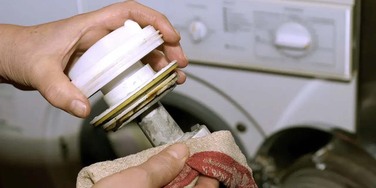 Hände reinigen das Flusensieb einer Bosch Waschmaschine. Regelmäßige Pflege sorgt für einwandfreie Funktion.