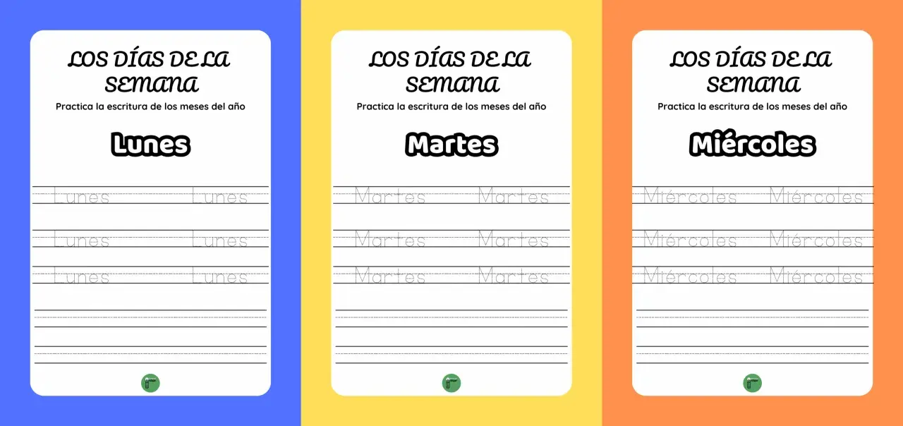 Actividades para imprimir: "Los días de la semana" para practicar la escritura de Lunes, Martes y Miércoles.