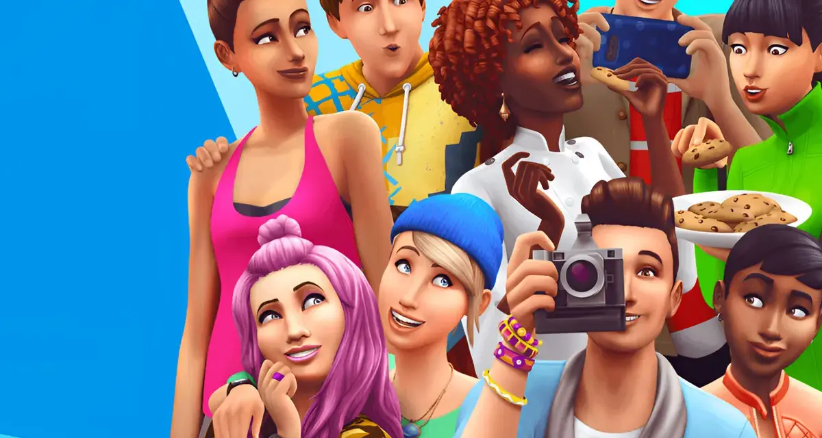 Grupo de Sims sonriendo y comiendo galletas, listos para usar comandos en Los Sims 4.