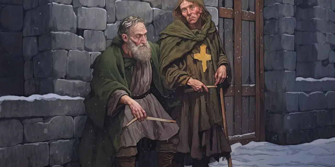 Dwóch zmarzniętych pielgrzymów, symbolizujących kartę 5 pentakli, siedzi przy kamiennym murze w śnieżny dzień, szukając schronienia.