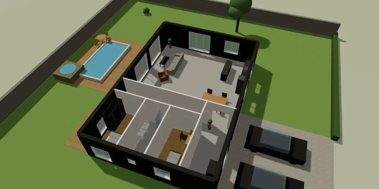 En 3D-ritning av ett modernt svart hus med pool, trädgård och två bilar på uppfarten.