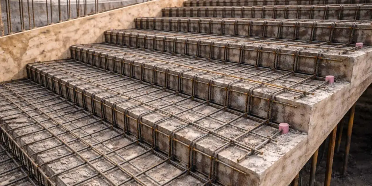 Gotowe do zalania betonem zbrojenie schodów, tworzące solidną konstrukcję. Stalowe pręty ułożone w siatkę zapewnią wytrzymałość.