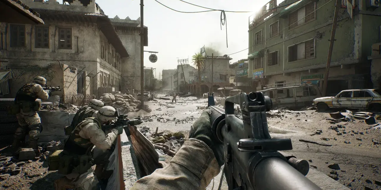 Żołnierze Delta Force na PS5 w akcji, ostrzeliwują ulice zniszczonego miasta.