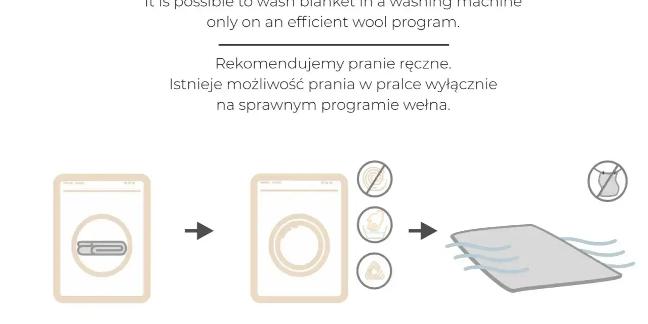 Instrukcja jak prać wełnę merino: ręcznie lub w pralce na programie wełna. Susz koc na płasko.