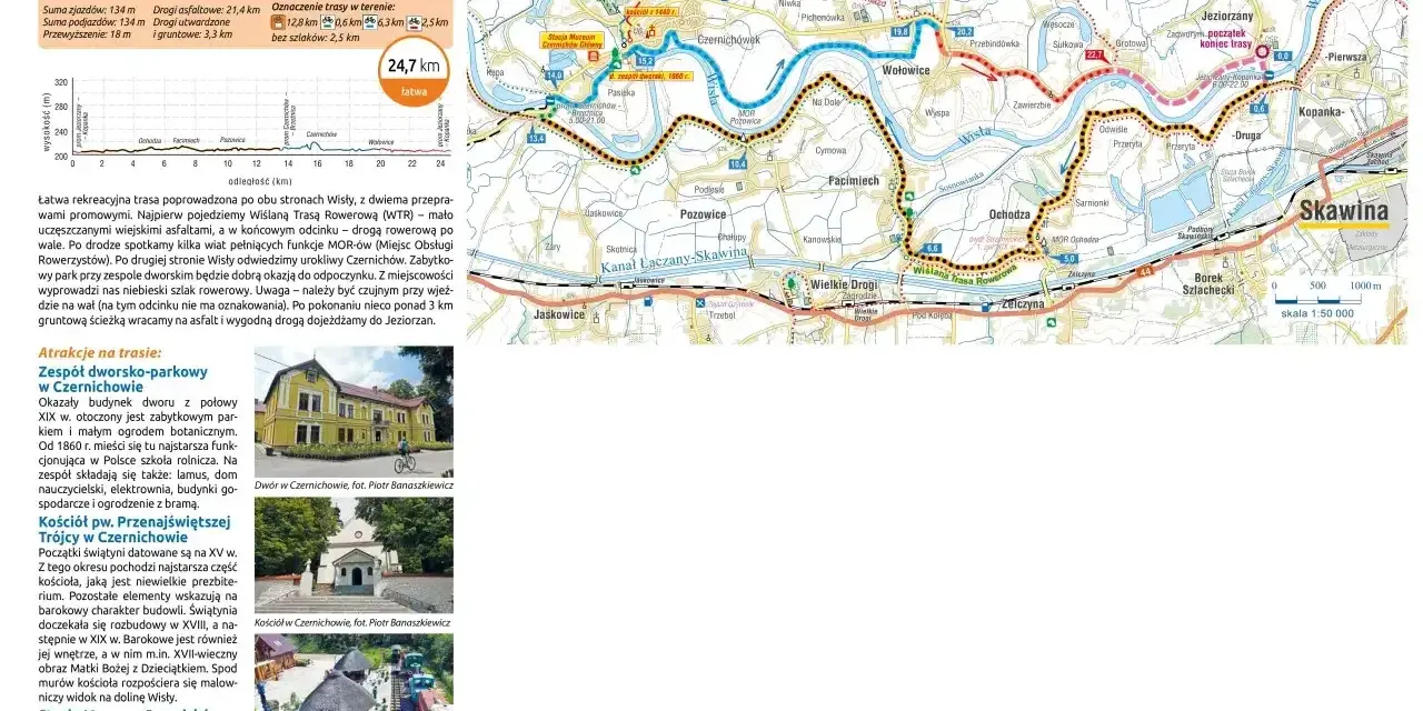 Mapa Wiślanej Trasy Rowerowej z Czernichowem, Jezioranami i Skawiną. Trasa liczy 24,7 km.