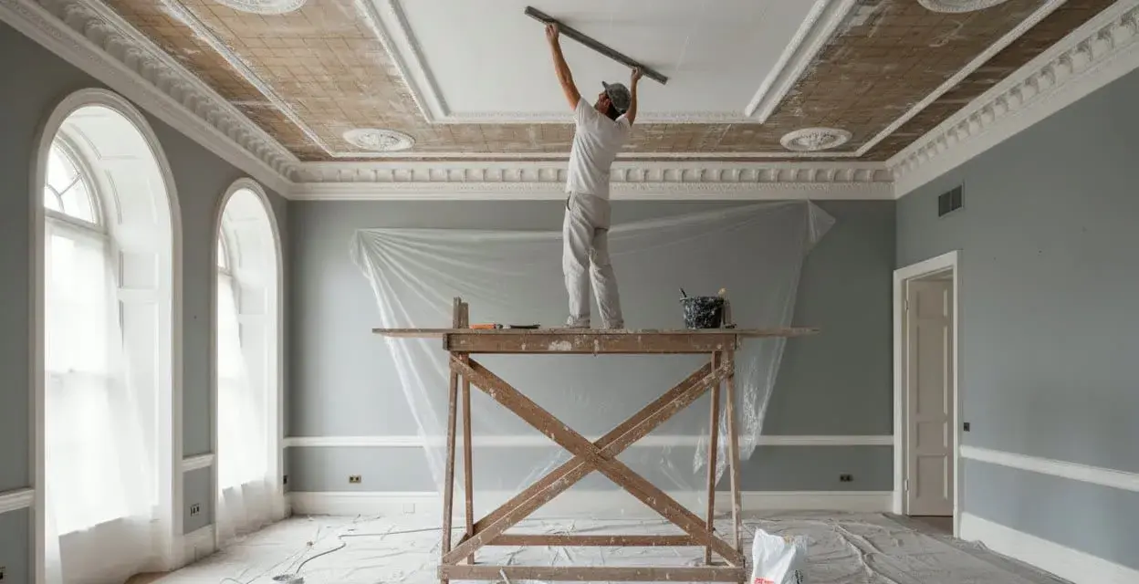 Un operaio sta intonacando il soffitto di una stanza elegante, con impalcature e teli protettivi.