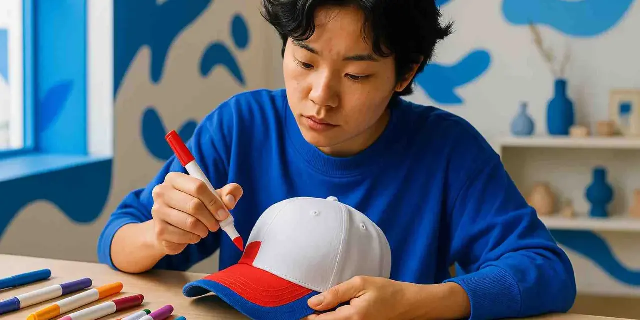 Un jeune homme concentré utilise un marqueur rouge pour teindre une casquette blanche et rouge.