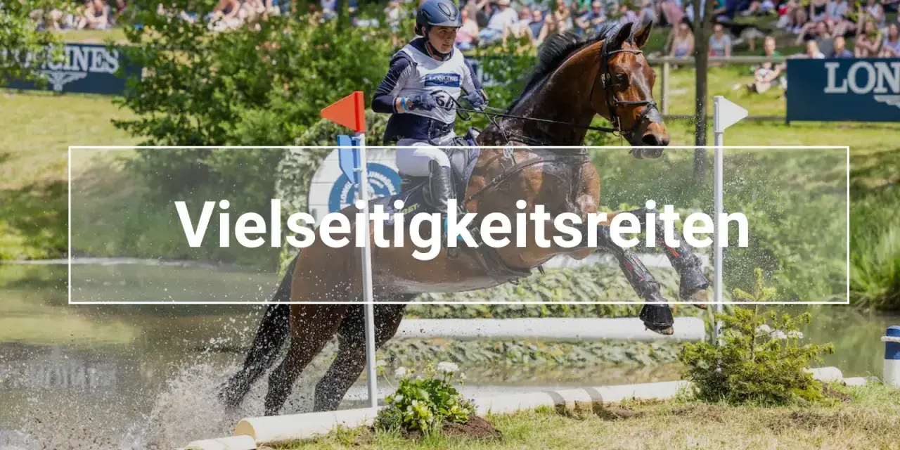 Ein Reiter und sein Pferd überwinden einen Wassergraben bei einem Vielseitigkeitsreiten-Wettbewerb.