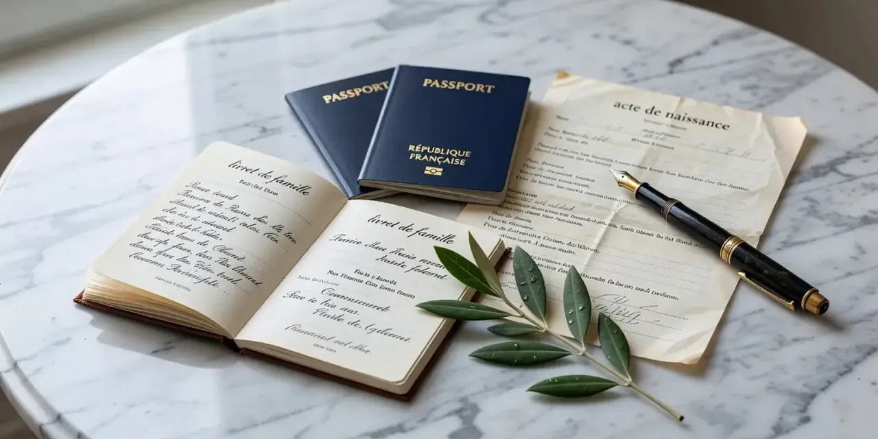 Livret de famille, passeports français et acte de naissance sur une table en marbre, évoquant l'état civil belge. Un stylo plume et une branche d'olivier complètent la scène.