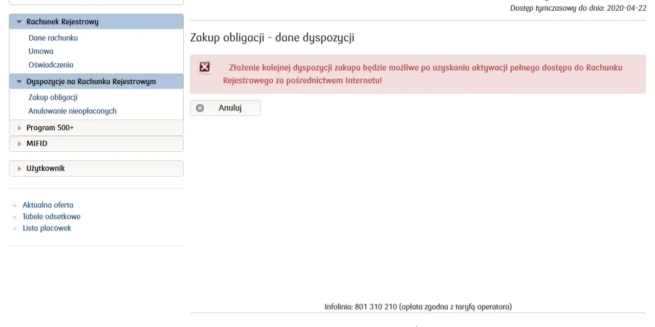 Interfejs bankowości internetowej mBank z menu po lewej i komunikatem o braku dostępu do zakupu obligacji.