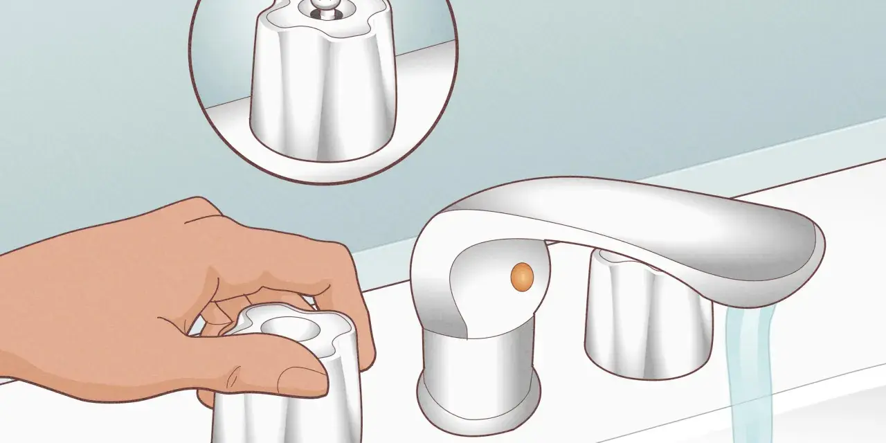 Illustration showing how to fix a dripping bathtub faucet. A hand removes a handle, while a close-up shows a screwdriver removing a screw from another handle.