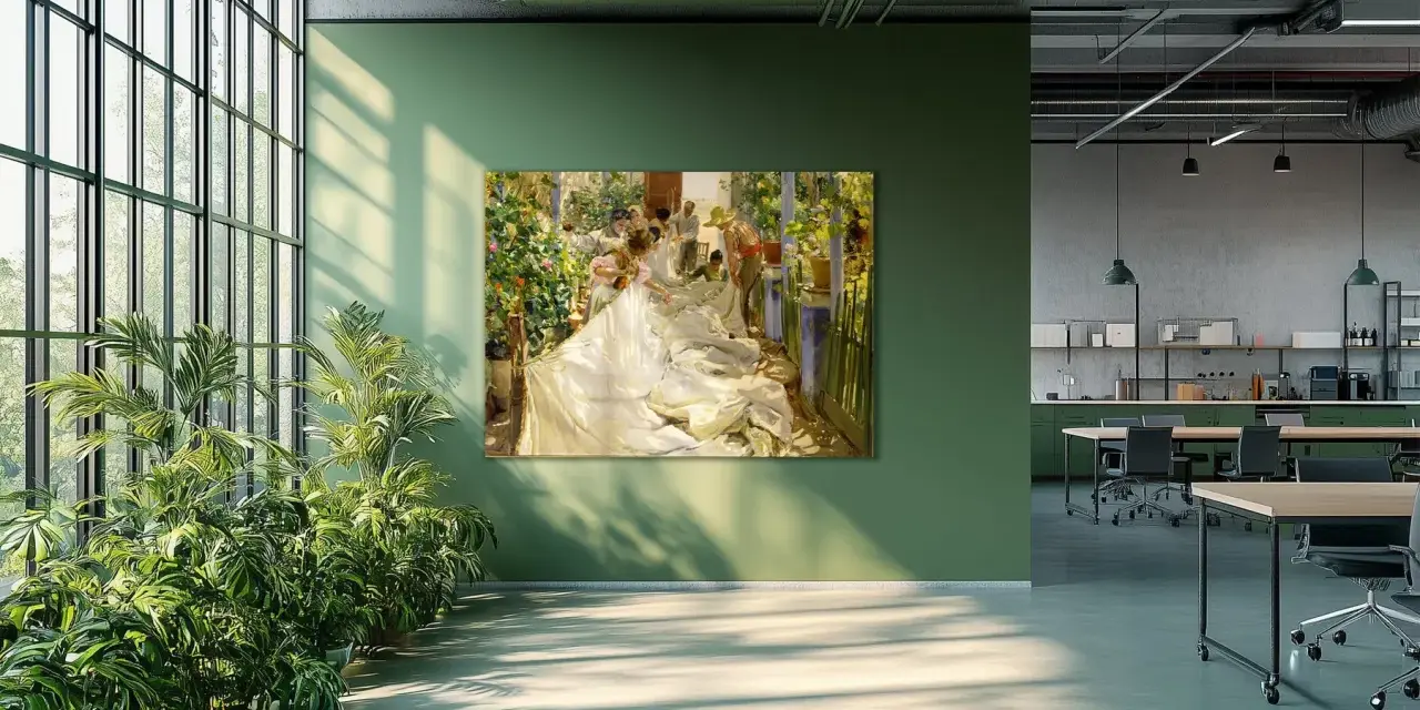 Pintura de un grupo de personas cosiendo la vela de un barco en un día soleado, rodeados de flores y vegetación.