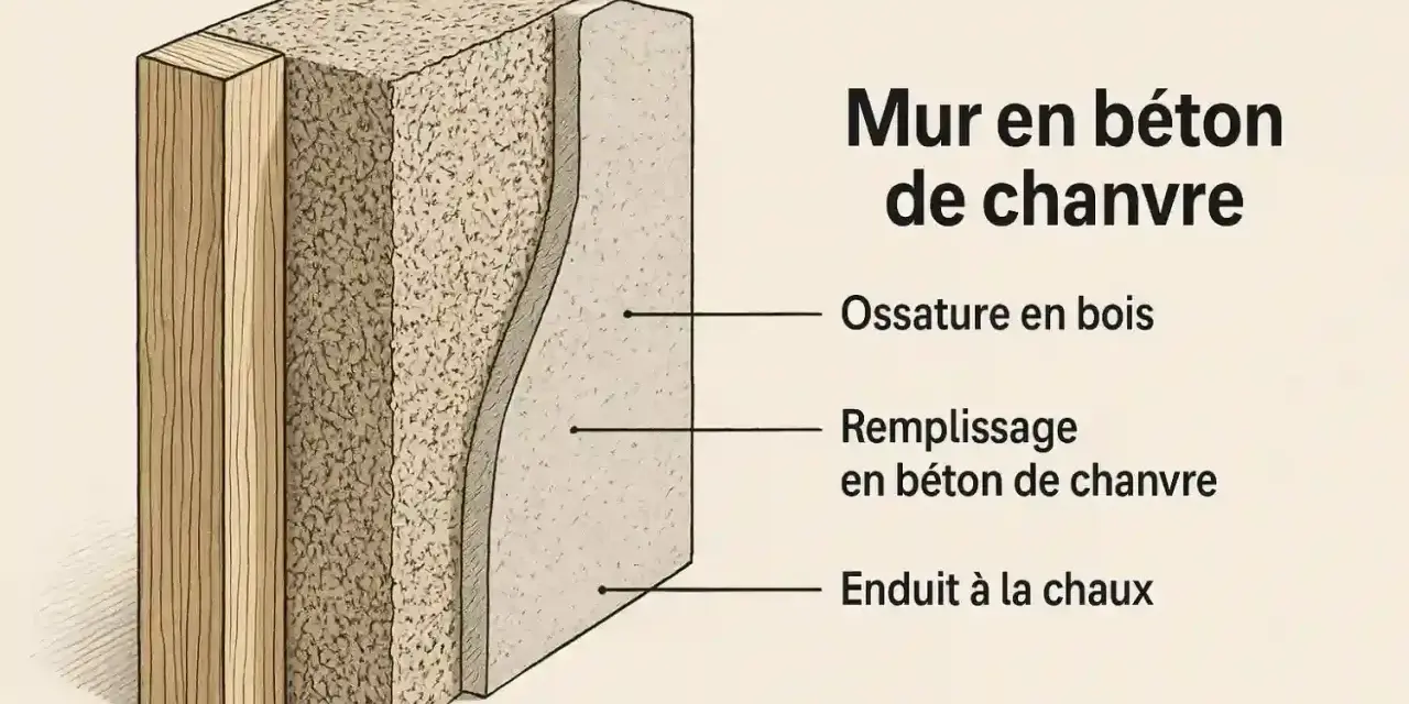 Coupe d'un mur montrant une ossature bois, un remplissage en béton de chanvre isolant et un enduit à la chaux.